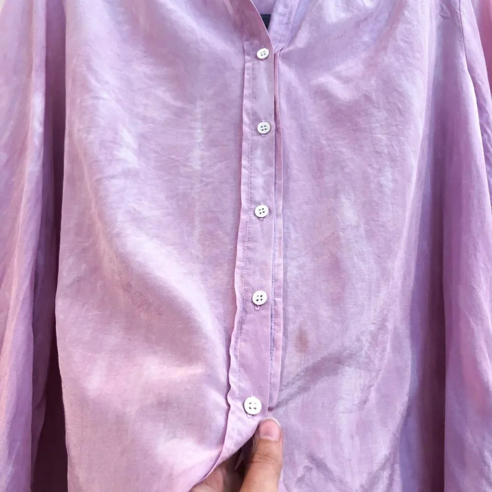 Raquel Allegra Silk Blend Pink Tie Dye Button Down V Neck Long Sleeve Blouse S - Picture 7 of 13